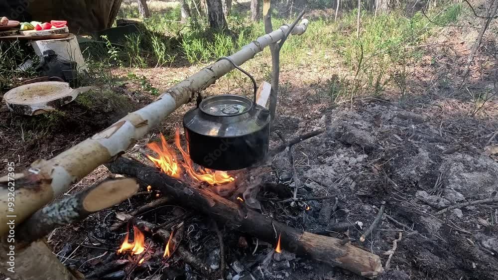 A metal teapot is warming up on a fire in the forest A metal teapot is warming up on a fire in the forest