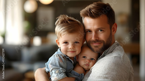 A father embraces his two c...