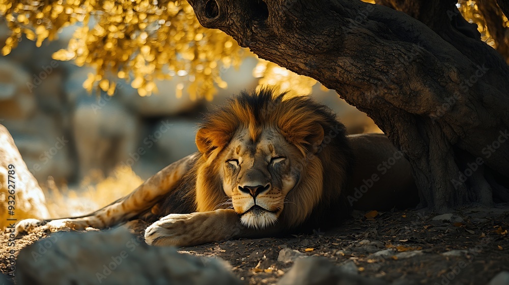 Naklejka premium The majestic image of a lion lying down under a tree at the jungle : Generative AI