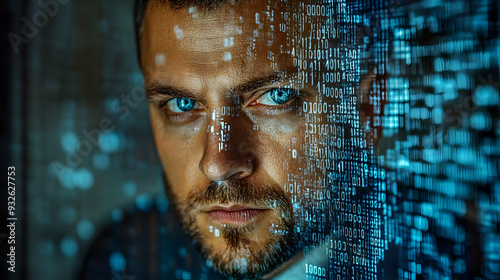 A focused man with blue eye...