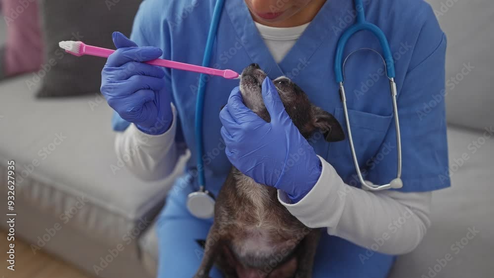 A veterinarian in blue scrubs brushes a dog's teeth inside a well-lit living room, promoting pet healthcare. A veterinarian in blue scrubs brushes a dog's teeth inside a well-lit living room, promoting pet healthcare.