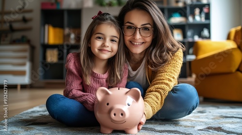 Mother and her daughter with piggy bank sitting on floor at home Education savings concept : Generative AI