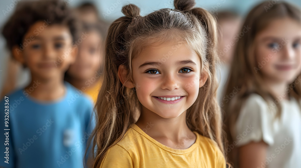 A group of children smiling, with one girl in focus. A group of children smiling, with one girl in focus.