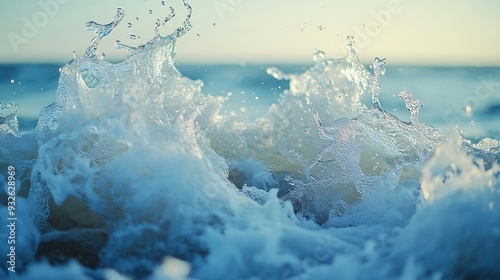 Ocean waves in motion showing the energy of the sea with splashes and mist : Generative AI photo