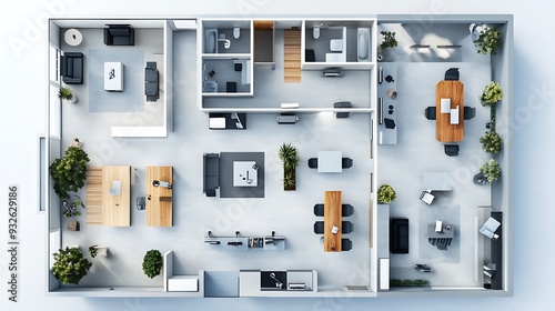 Top-down view of a modern office space with a mix of individual and collaborative work areas, including a conference room with a long wooden table, several desks, and a lounge with a couch.