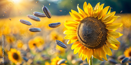 Falling sunflower seed in full depth of field