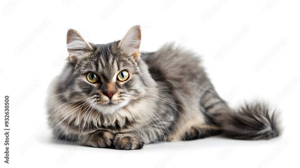 Fototapeta premium Grey stripped mixed-breed cat sitting, isolated on white. 