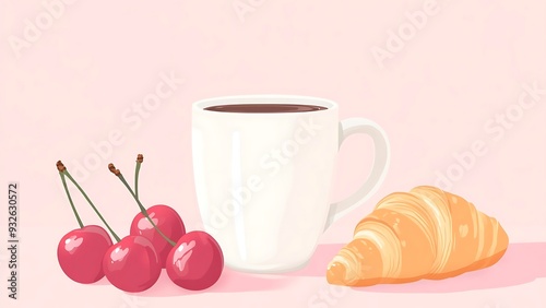 Minimalist Breakfast with Coffee, Croissant, and Cherries Illustration