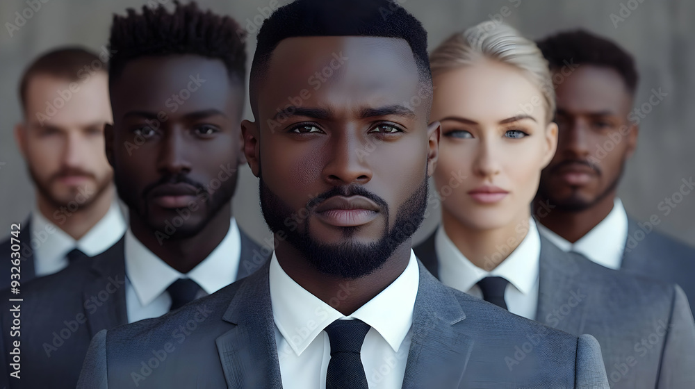A group of professionals in suits standing confidently together. A group of professionals in suits standing confidently together.