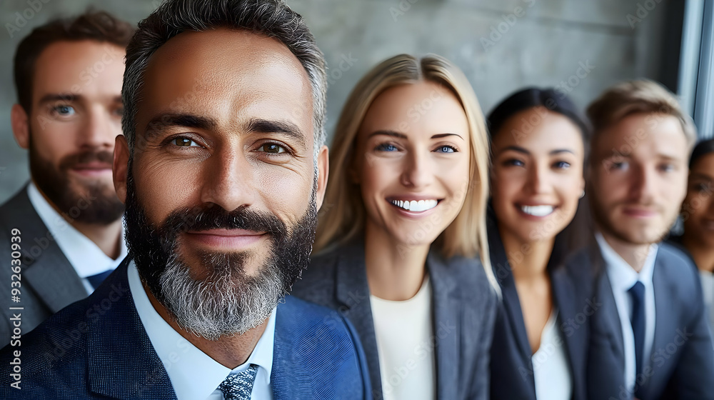 A group of professionals smiling in a business setting.