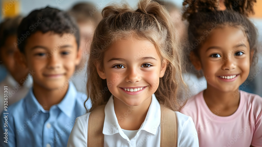 A group of smiling children in a classroom setting. A group of smiling children in a classroom setting.
