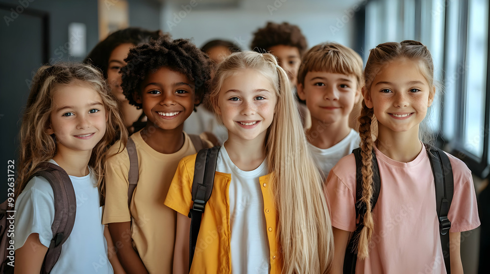 A group of smiling children posing together in a school setting. A group of smiling children posing together in a school setting.