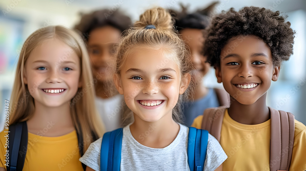 A group of smiling children posing together in a school setting. A group of smiling children posing together in a school setting.