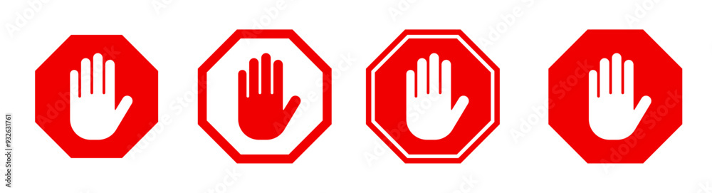 Red stop sign with hand icon set