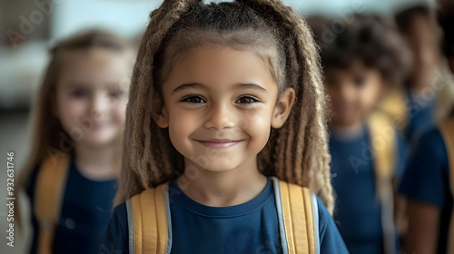 A group of smiling children with backpacks in a cheerful setting.