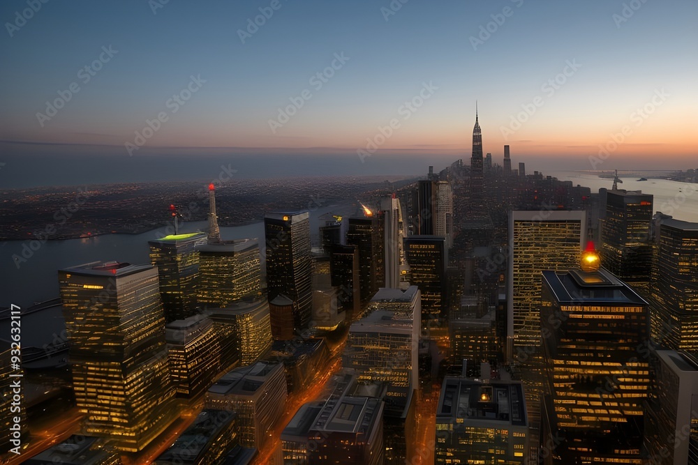 Fototapeta premium Cityscape Dawn: A tranquil view of a city bathed in the soft, early morning light, symbolizing the start of a new day.