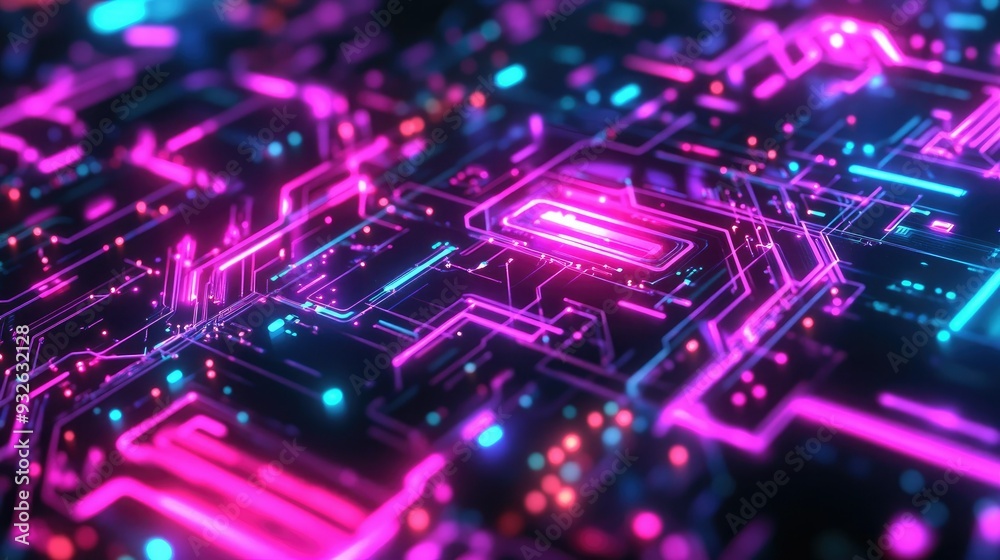 Fototapeta premium Abstract digital circuit patterns in neon colors, ideal for tech and sci-fi themes.