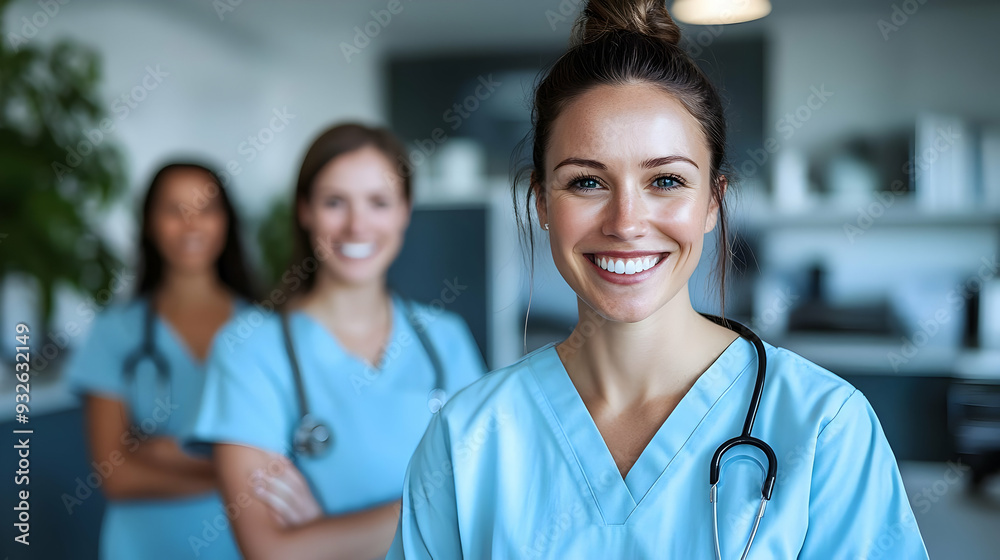 A group of smiling healthcare professionals in scrubs. A group of smiling healthcare professionals in scrubs.