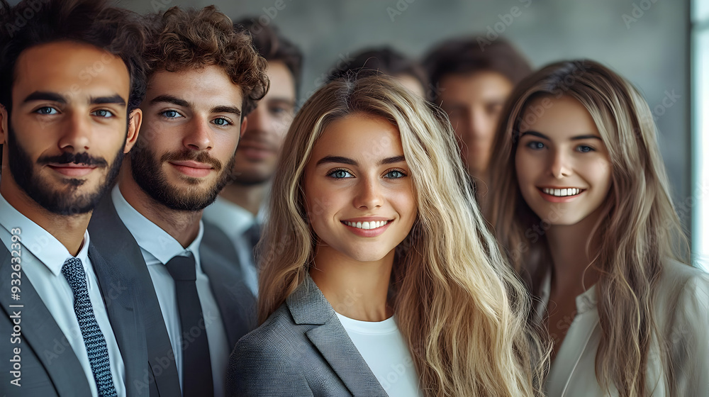 A group of smiling professionals in formal attire. A group of smiling professionals in formal attire.