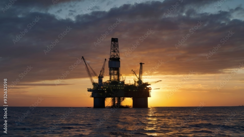 A large oil rig is in the water at sunset A large oil rig is in the water at sunset