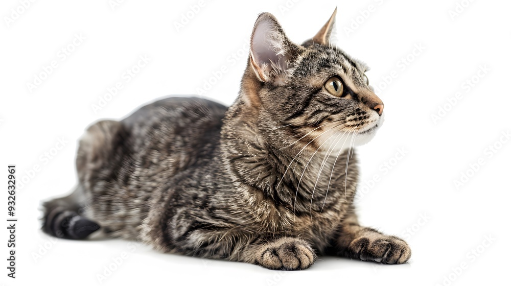 Fototapeta premium Grey stripped mixed-breed cat sitting, isolated on white. 