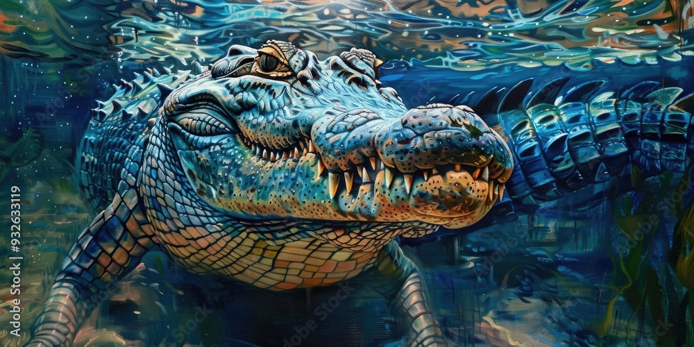 Obraz premium A massive alligator hiding beneath the surface, revealing its head and scaled skin while on the hunt.