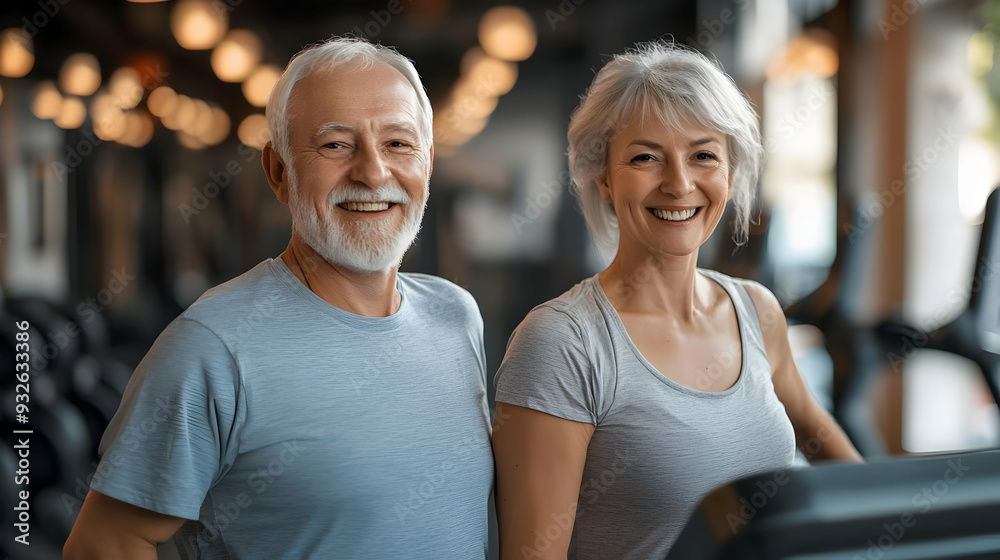 A happy elderly couple smiles at the gym, promoting fitness and health. A happy elderly couple smiles at the gym, promoting fitness and health.