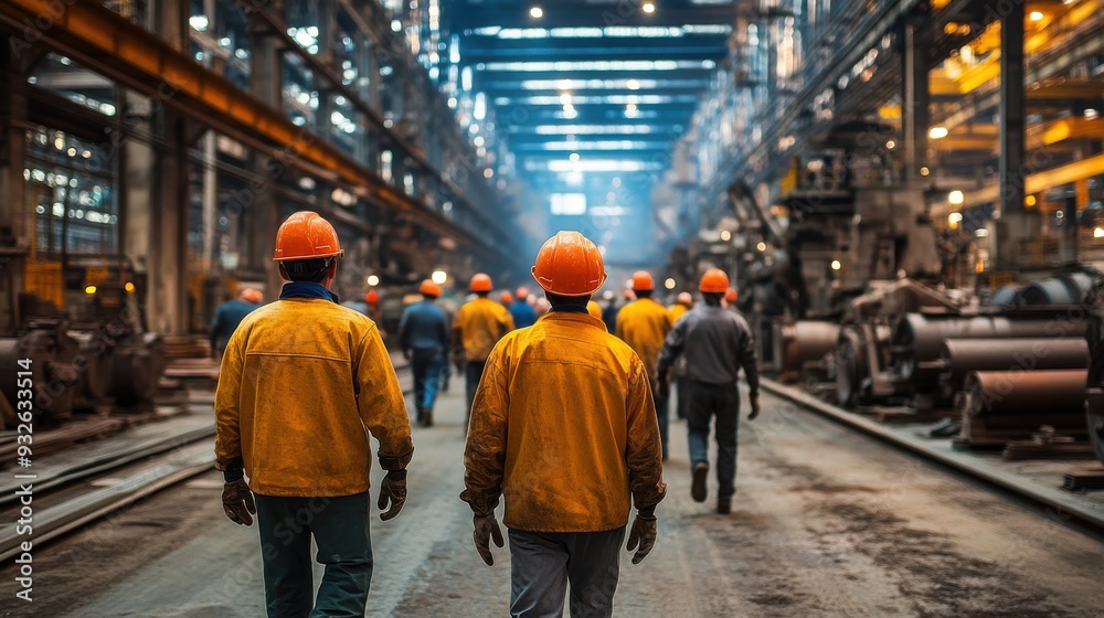 Workers in Helmets and Uniforms Navigating a Busy Steel Factory. Capturing the Dynamic Atmosphere of a Large Industrial Plant with Heavy Machinery Workers in Helmets and Uniforms Navigating a Busy Steel Factory. Capturing the Dynamic Atmosphere of a Large Industrial Plant with Heavy Machinery