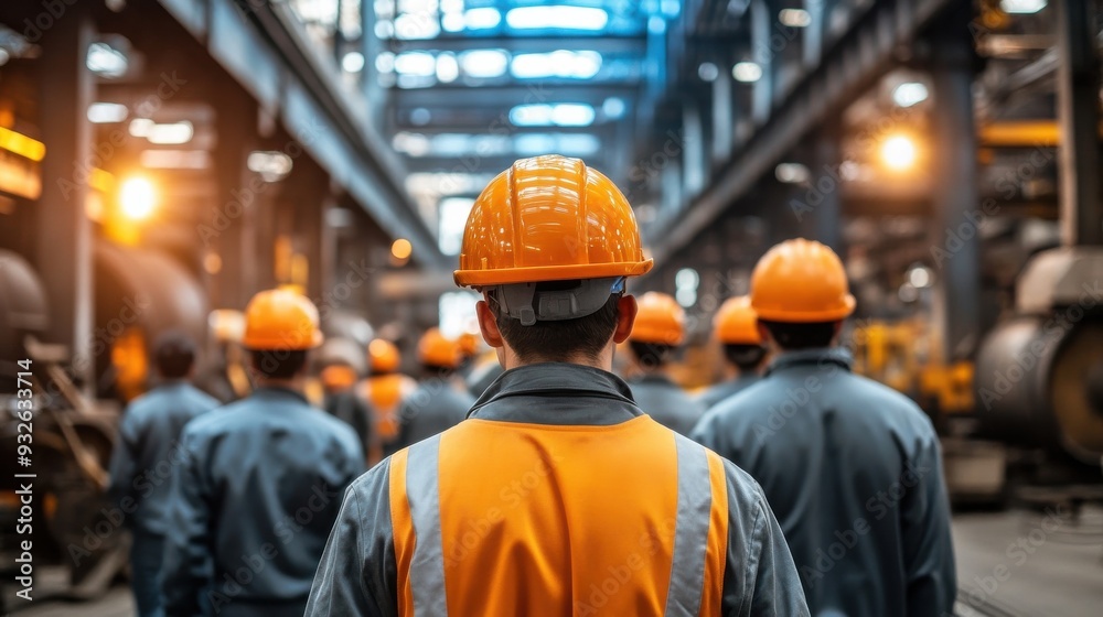 Workers in Helmets and Uniforms Navigating a Busy Steel Factory. Capturing the Dynamic Atmosphere of a Large Industrial Plant with Heavy Machinery Workers in Helmets and Uniforms Navigating a Busy Steel Factory. Capturing the Dynamic Atmosphere of a Large Industrial Plant with Heavy Machinery