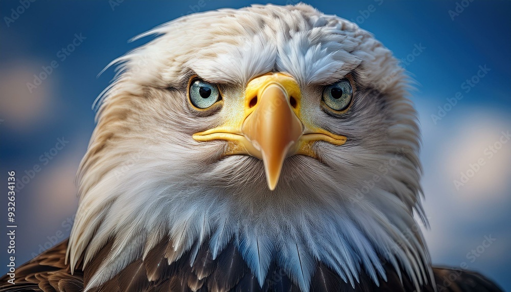 Obraz premium Close-up of a bald eagle's intense gaze, with sharp focus on its golden eye and curved beak,