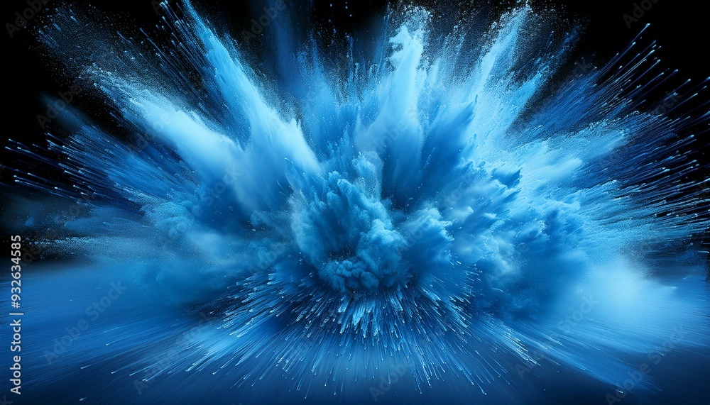 Fototapeta premium Electric blue powder explosion forming a circular blast, with streaks of color radiating fro
