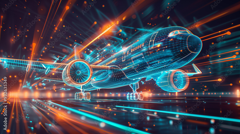Futuristic Digital Airplane with Data Streams Futuristic Digital Airplane with Data Streams