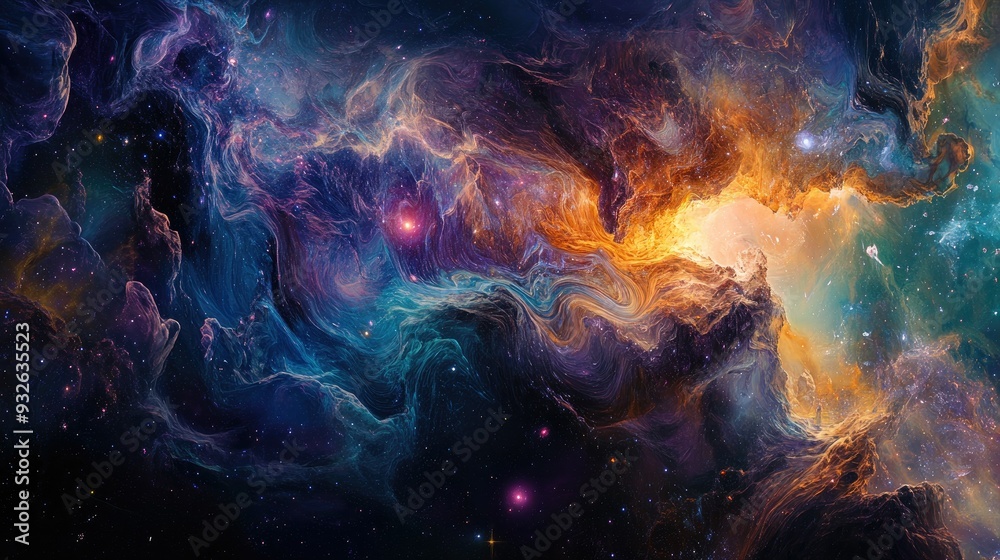 Fototapeta premium An abstract cosmic scene with swirling galaxies and bright stars.