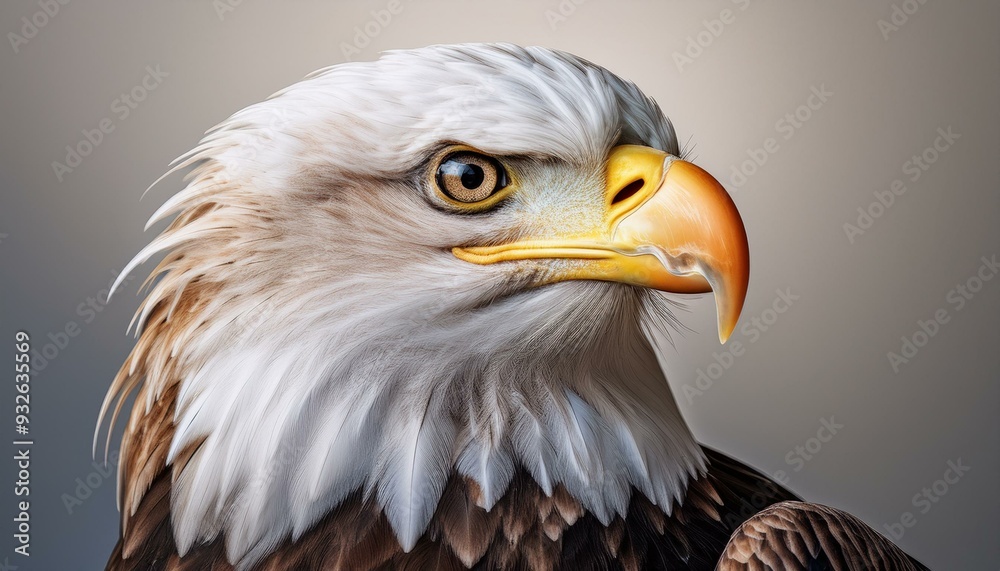 Portrait of a bald eagle with its head turned to the side, sharply detailed feathers and bea Portrait of a bald eagle with its head turned to the side, sharply detailed feathers and bea