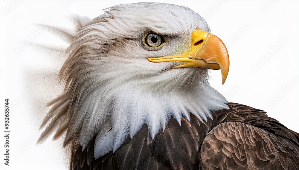 Obraz premium Side profile of a bald eagle with its beak slightly open, feathers ruffled by the wind, set 
