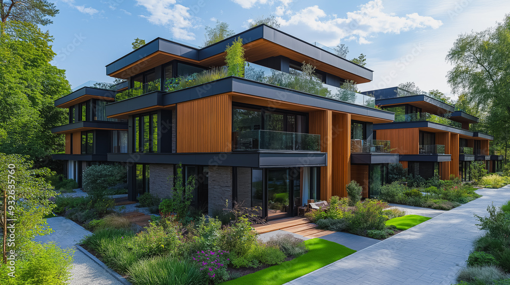 A row of houses with a green lawn in front of them. The houses are tall and have a modern design A row of houses with a green lawn in front of them. The houses are tall and have a modern design