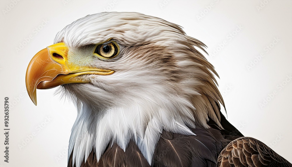 Side profile of a bald eagle with its beak slightly open, feathers ruffled by the wind, set Side profile of a bald eagle with its beak slightly open, feathers ruffled by the wind, set