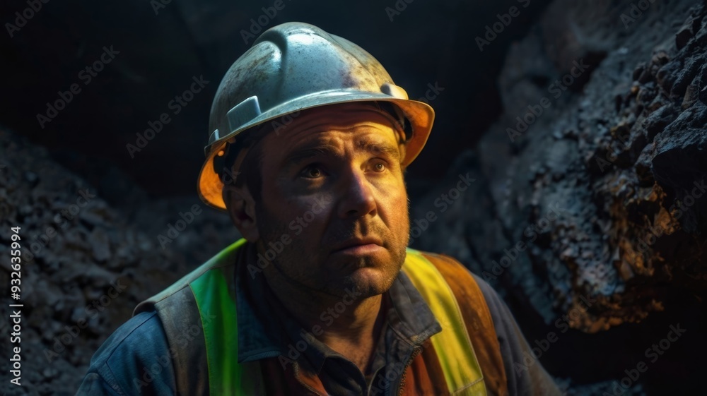 A tired miner in a coal mine looks at the light Work A tired miner in a coal mine looks at the light Work