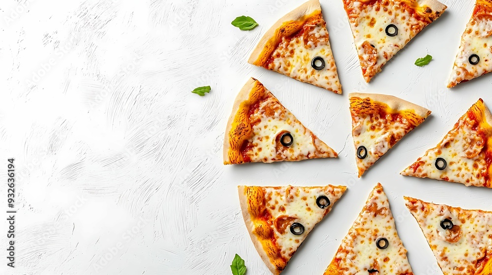 doodle pizza slices with cheese dripping, arranged in a fun pattern, top view, isolated on white background, copy space for text, doodle pizza slices with cheese dripping, arranged in a fun pattern, top view, isolated on white background, copy space for text,