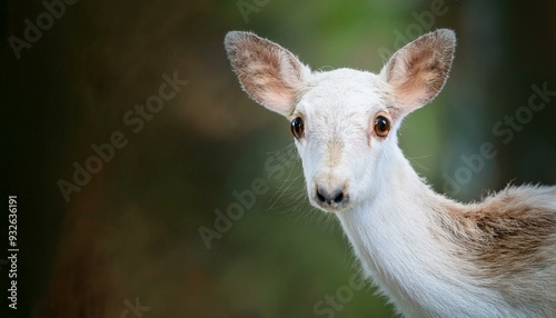 The fawn’s big, trusting eyes are central. The background is a gentle blur of greenery, leav