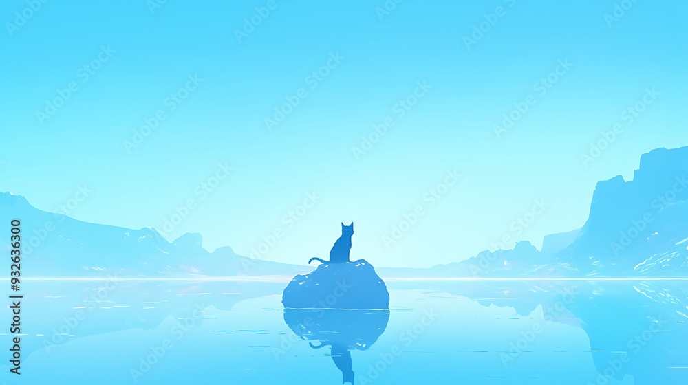 A single cat sits atop a rock in a tranquil blue lake, with mountains in the background. The sky is a bright, clear blue. A single cat sits atop a rock in a tranquil blue lake, with mountains in the background. The sky is a bright, clear blue.