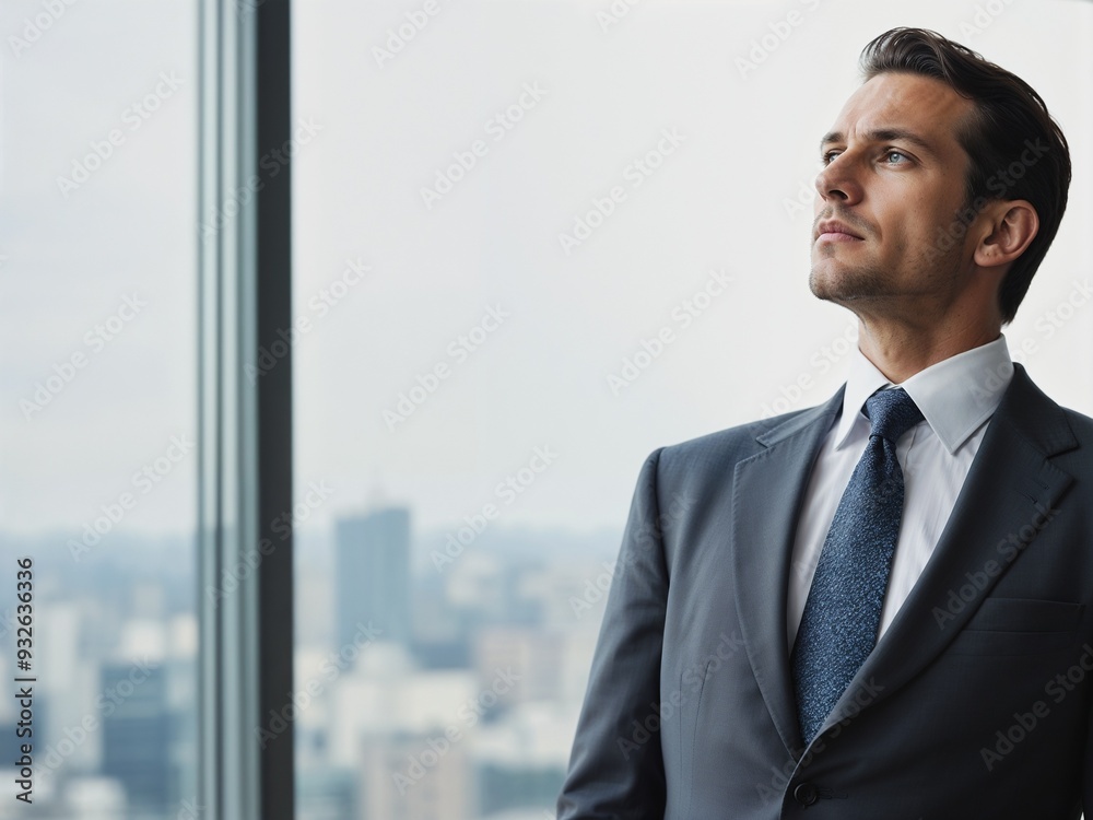 A man in a suit, looking up towards the window. A man in a suit, looking up towards the window.
