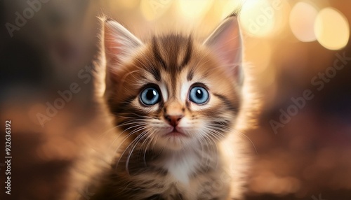  The kitten’s tiny face is central, with a blurred, warm-toned background providing space at 