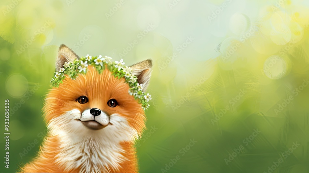 Obraz premium Realistic 3D Painting of an Anthropomorphic Baby Fox Wearing a Flower Crown, Set Against a Blurred Green Background, Highlighting Fluffy Fur and Adorable Features