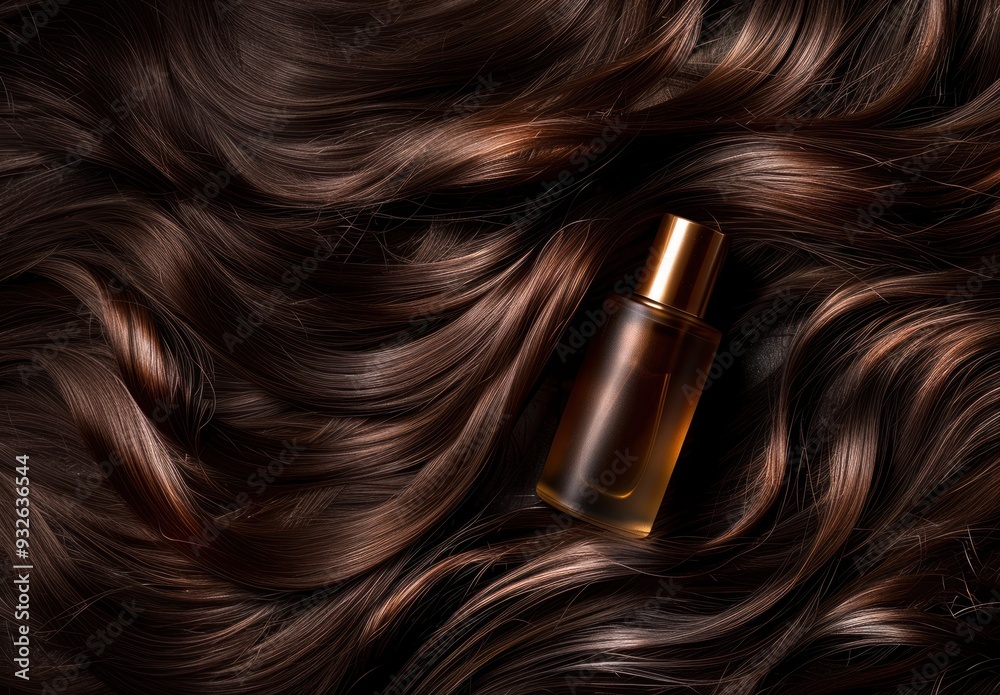Fototapeta premium Photo of a bottle of hair growth product on top of long brown wavy hair