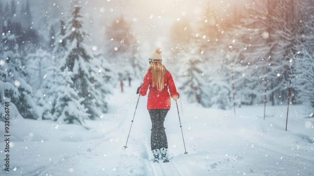 A woman in red ski gear walks through a snowy forest on cross-country skis, with the sun shining through the trees. A woman in red ski gear walks through a snowy forest on cross-country skis, with the sun shining through the trees.
