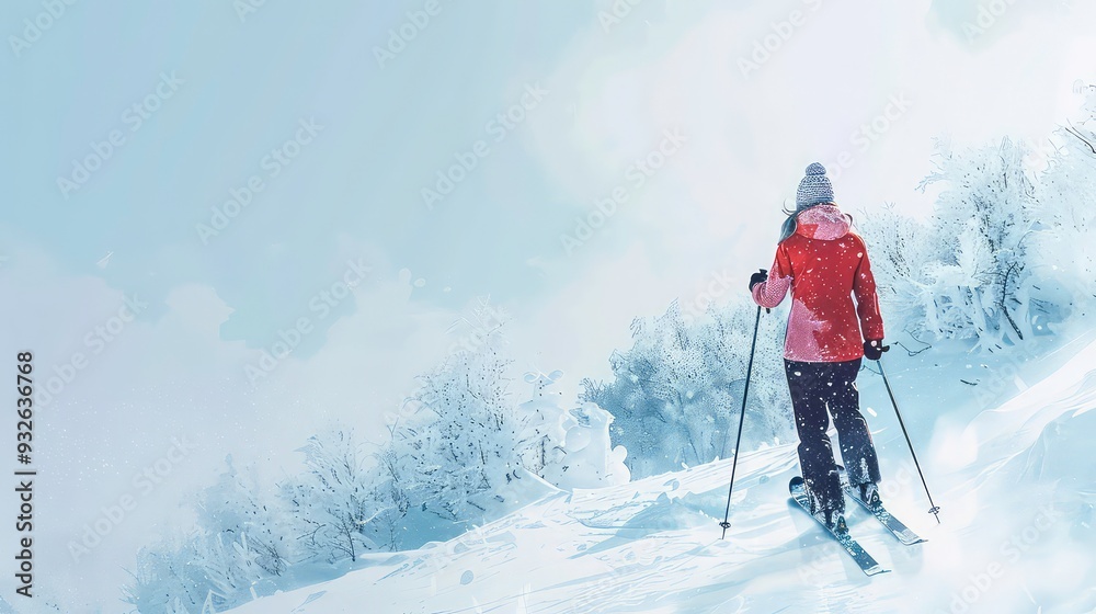 A skier descends a snow-covered slope, surrounded by frosted trees against a bright blue sky. A skier descends a snow-covered slope, surrounded by frosted trees against a bright blue sky.