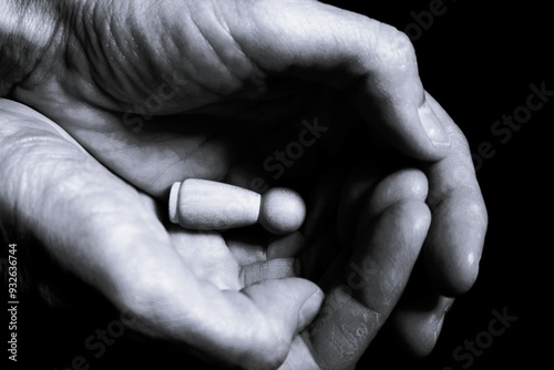 Hands holding wooden doll, providing protection and shelter for a safe place. Mental health and psychological guidance for vulnerable fellow human beings.
