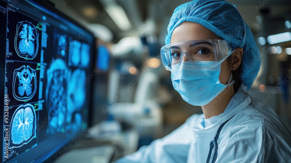 A healthcare professional analyzing medical images on a computer. A healthcare professional analyzing medical images on a computer.