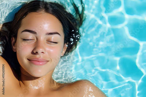 Canadian woman relaxing on edge of swimming pool in a hotel resort